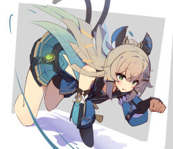  1girl :d all_fours animal_ears bare_shoulders black_shirt black_sleeves blonde_hair blush border bright_pupils cat_ears cat_girl cat_tail commentary_request cropped_arms cropped_legs detached_sleeves double-parted_bangs double_horizontal_stripe genshin_impact green_eyes green_skirt grey_background hair_between_eyes highres kirara_(genshin_impact) long_hair long_sleeves miniskirt multiple_tails open_mouth outside_border pleated_skirt shadow shirt simple_background skirt sleeveless sleeveless_shirt smile solo tail tetenka two_tails white_border white_pupils 