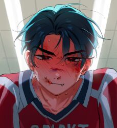  1boy alien_stage black_eyes black_hair blush bruise bruise_on_face ceiling closed_mouth commentary english_commentary fang fang_out highres injury ivan_(alien_stage) jersey male_focus ninjinsuni official_alternate_costume red_pupils red_shirt shirt short_hair solo sweat thick_eyebrows tongue tongue_out very_short_hair 