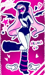  1girl :o alien_stage beanie black_hat black_leg_warmers black_leotard black_wings commentary demon_wings earflap_beanie english_commentary english_text full_body fyod_726 hat heart highres horns leg_up leg_warmers leotard long_hair mini_wings mismatched_leg_warmers mizi_(alien_stage) mizi_(zombie_stage) open_mouth outline pink_background pink_hair romaji_text solo star_(symbol) strapless strapless_leotard striped_leg_warmers twintails very_long_hair white_outline white_wings wings zipper_leotard zombie_stage 