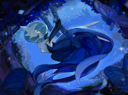  1girl :o alternate_color arm_up artist_name backless_dress backless_outfit beautifly black_dress black_gloves blue_hair blue_sky bob_cut bug butterfly chinese_commentary city_lights colored_skin copyright_name dark dated dress elbow_gloves english_commentary english_text flat_chest flower from_side gardevoir gloves hair_over_one_eye hand_to_own_mouth hand_up highres in_tree leaning_back long_dress looking_at_viewer mega_gardevoir mega_pokemon mixed-language_commentary night no_feet on_swing one_eye_covered open_mouth orange_eyes outdoors pokemon pokemon_(creature) rose shiny_pokemon short_hair signature sitting sky solo_focus star_(sky) starry_sky strapless strapless_dress swing tree white_skin yueryu_(taroyuer2) 