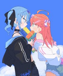  2girls absurdres ahoge black_jacket black_ribbon blue_eyes blue_hair blue_shorts blue_sky blush_stickers clouds commentary cowboy_shot day dotty-44 eye_contact eyewear_on_head face-to-face from_side green_eyes hair_ribbon highres holding holding_water_gun hololive hoshimachi_suisei jacket long_hair long_sleeves looking_at_another medium_hair multiple_girls outdoors pink_hair ribbon sakura_miko shorts sky standing sunglasses tongue tongue_out untranslatable_commentary virtual_youtuber water_gun white_jacket 