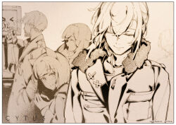  >_< 1other 2boys 3girls absurdres animal_ears aroma_white asakura_neko beard bob_cut cat_ears cherry_(cytus) closed_eyes closed_mouth commentary_request conner_(cytus) copyright_logo copyright_notice cytus cytus_ii facial_hair from_behind fur-trimmed_jacket fur_trim highres humanoid_robot jacket joints laughing logo looking_at_another looking_back mechanical_arms medium_hair monitor_head monochrome multiple_boys multiple_girls o3o official_art robo_head_(cytus) robot robot_joints sepia short_hair simon_jackson steepled_fingers teardrop tears wiping_tears 