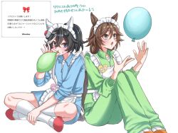  15marshu 2girls animal_ears apron balloon black_hair blue_eyes blue_jacket blue_shorts blush breasts brown_hair closed_mouth ear_covers frilled_apron frills green_jacket green_pants hair_between_eyes hair_ornament highres horse_ears horse_girl horse_tail jacket jersey_maid katsuragi_ace_(umamusume) long_hair long_sleeves maid maid_apron maid_headdress mr._c.b._(umamusume) multicolored_hair multiple_girls open_mouth pants ponytail shoes shorts sitting socks streaked_hair sweatdrop tail track_jacket umamusume unconventional_maid white_apron white_hair white_headdress white_socks 