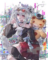  1girl :d absurdres bare_shoulders black_choker black_nails black_shirt black_skirt blunt_bangs blush braid choker commentary_request eyewear_on_head facial_mark feet_out_of_frame fishnet_thighhighs fishnets glitch hair_ornament heart heart_facial_mark highres honkai:_star_rail honkai_(series) iz_enchanting jewelry long_hair long_sleeves looking_at_viewer necklace official_alternate_costume official_alternate_hairstyle pink_eyes ring shade shirt single_thighhigh skirt smile solo sparkle_(honkai:_star_rail) sparxie_(candy-coated_waves)_(honkai:_star_rail) sparxie_(honkai:_star_rail) stuffed_animal stuffed_toy sunglasses teddy_bear thigh-highs twintails variant_set very_long_hair white_hair x_hair_ornament 