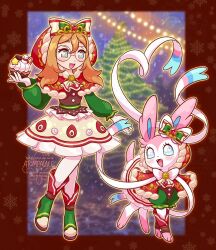  1girl aqua_eyes ascot atom_palace blue_eyes blurry blurry_background blush boots border bow bright_pupils brown_shirt capelet christmas_tree clothed_pokemon fangs full_body gem green_boots green_bow green_sleeves highres hood hood_up looking_at_another open_mouth orange_hair pantyhose pink_fur poke_puff pokemon pokemon_(creature) red_border red_capelet red_gem ribbon round_eyewear shirt simple_background skirt standing sylveon two-tone_fur white_fur white_pantyhose white_pupils yellow_ascot yellow_skirt 