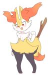  1girl animal_ear_fluff animal_ears animal_feet animal_nose arm_at_side black_fur blush body_fur braixen commentary fang flat_chest fox_ears fox_girl fox_tail full_body fur_collar furry furry_female hand_up happy highres looking_at_viewer multicolored_fur open_mouth pigeon-toed pokemon pokemon_(creature) red_eyes simple_background smile snout solo standing stick tail white_background white_fur wide-eyed yakiniku628 yellow_fur 