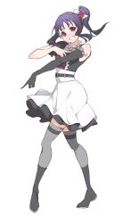  1girl absurdres bare_shoulders black_boots black_gloves black_shirt boots chinese_commentary commentary_request cross-laced_clothes cross-laced_top elbow_gloves frilled_gloves frills full_body gloves grey_thighhighs high-waist_skirt highres kazuno_sarah long_hair long_sidelocks looking_at_viewer love_live! love_live!_sunshine!! miniskirt pink_eyes purple_hair ruoguiling self_control!! shirt side_ponytail sidelocks simple_background single_elbow_glove single_glove skirt sleeveless sleeveless_shirt solo thigh-highs white_background white_skirt 