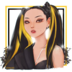  1girl artist_name black_eyeshadow black_hair blonde_streaks commentary eyeshadow gerimisore hwasa_(mamamoo) makeup mamamoo mole multicolored_hair single_bare_shoulder solo streaked_hair twintails upper_body 