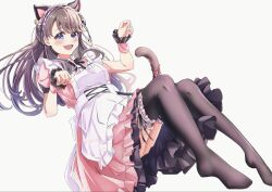  1girl :3 :d animal_ears apron black_bow black_bowtie black_thighhighs blush bow bowtie brown_hair cat_ears cat_tail commentary_request dress fake_animal_ears fake_tail frilled_apron frilled_thighhighs frills frontrivers_kae fujishima_megumi fujishima_megumi_(m's_one_day) full_body highres long_hair looking_at_viewer love_live! love_live!_hasu_no_sora_jogakuin_school_idol_club maid maid_apron maid_headdress no_shoes open_mouth paw_pose pink_dress simple_background smile solo tail teeth thigh-highs upper_teeth_only violet_eyes virtual_youtuber white_apron white_background 