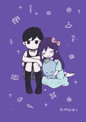  1boy 1girl antenna_hair arched_soles aubrey_(headspace)_(omori) aubrey_(omori) barefoot black_eyes black_hair black_shorts black_socks black_tank_top blue_dress blush bow c: child closed_eyes closed_mouth collarbone commentary_request copyright_name dot_mouth dress expressionless feet full_body hair_bow head_on_another's_shoulder highres hugging_doll hugging_object hugging_own_legs kneehighs knees_up long_dress long_hair looking_to_the_side mizu_asato mr._plantegg_(omori) no_nose no_pupils omori omori_(omori) pink_bow purple_background seiza short_hair short_sleeves shorts simple_background sitting smile socks sparkle_background straight_hair stuffed_eggplant stuffed_food stuffed_toy tank_top toes u_u very_short_hair 