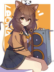  1girl ahoge animal_ear_fluff animal_ears black_sailor_collar black_skirt blush border bow bowtie bright_pupils brown_hair brown_jacket cat_ears cat_girl cat_tail closed_mouth commentary_request cropped_legs double-parted_bangs double_horizontal_stripe flower hair_between_eyes hair_flower hair_ornament highres jacket long_hair long_sleeves looking_at_viewer low_twintails open_clothes open_jacket orange_background orange_bow orange_bowtie outside_border pleated_skirt re:act sailor_collar shishigami_leona simple_background sitting skirt smile solo speaker sunflower tail tetenka twintails virtual_youtuber white_border white_pupils 