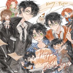  2girls 6+boys absurdres age_comparison animal_ears antlers bird birthday_cake black_coat black_hair black_jacket black_necktie black_shirt blue_eyes blue_shirt bouquet brown_hair brown_pants brown_vest cake character_name cherishing17 chibi closed_mouth coat collared_shirt copyright_name deer_antlers deer_boy dog_boy dog_ears earrings envelope facial_mark food food_on_face glasses green_eyes grey_eyes grey_vest happy_birthday harry_potter harry_potter_(series) hat hedwig hermione_granger highres hogwarts_school_uniform holding holding_bouquet holding_whisk horns jacket james_potter jewelry kemonomimi_mode light_smile lightning_bolt_facial_mark lightning_bolt_symbol lily_evans long_hair multiple_boys multiple_girls necktie open_mouth owl pants parted_bangs party_hat pastry_bag plaid_clothes plaid_shirt red_hair ron_weasley round_eyewear scar scar_on_face scar_on_forehead school_uniform shirt short_hair sirius_black vest waistcoat whisk white_shirt wizarding_world 