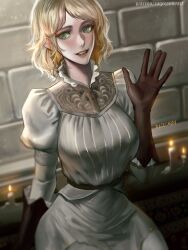  1girl absurdres artist_name blonde_hair breasts brick_wall brown_gloves candle commentary dress elden_ring english_commentary frilled_dress_collar gloves green_eyes highres large_breasts parted_lips patreon_username ragecandy roderika_(elden_ring) short_hair smile solo upper_body waving white_dress 