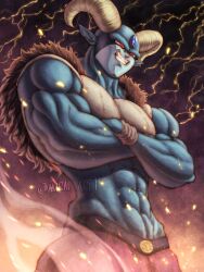  abs biceps blue_skin colored_skin commentary crossed_arms curled_horns deltoids dragon_ball dragon_ball_super english_commentary evil_grin evil_smile fiery_background fire forehead_jewel from_below fur_trim goat_horns grin highres horns lightning_background mirai_art15 moro_(dragon_ball) muscular muscular_male pants pointy_ears purple_pants red_eyes smile triceps 