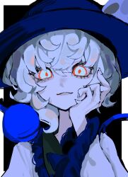  1girl absurdres black_hat bow closed_mouth collared_shirt disembodied_linked_eye eyeball frilled_shirt_collar frilled_sleeves frills green_eyes green_hair hand_on_own_cheek hand_on_own_face hat hat_bow highres komeiji_koishi long_sleeves looking_at_viewer mashi_(umashiodare) shirt smile solo touhou upper_body wide_sleeves yellow_bow yellow_shirt 