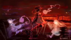  1girl androgynous artist_name ascot black_shoes brown_hair child commentary_request contrast_collar detached_sleeves from_side full_body ghost glowing glowing_eye gohei hair_ornament hair_tubes hakurei_reimu highres holding holding_gohei japanese_clothes kicking kimono kneehighs mary_janes medium_hair nettaraxy red_shirt red_skirt red_theme rock running shirt shoes sidelocks skirt sleeveless sleeveless_shirt socks sotoba standing touhou white_sleeves white_socks wily_beast_and_weakest_creature 