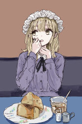  1girl black_ribbon blonde_hair booth_seating buttons cake collared_dress contrast_collar cup dress eating food hat highres kashiwada_kiiho long_hair long_sleeves maribel_hearn mob_cap neck_ribbon open_mouth plate purple_dress ribbon sitting solo touhou upper_body utensil_in_mouth white_hat yellow_eyes 