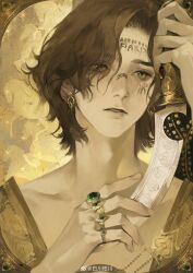  1boy absurdres artist_name baichuan_baichuan collarbone dagger earrings face_piercing facial_mark fardak forehead_mark gem green_gem highres holding holding_dagger holding_knife holding_weapon jewelry knife lips looking_at_object male_focus monochrome multiple_rings nose_piercing parted_bangs parted_lips piercing portrait red_gem ring short_hair solo spot_color sultan's_game watermark weapon weibo_watermark 