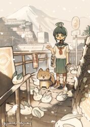  1girl ahoge ahoge_girl_(jimini_shijimi) artist_name bag blunt_bangs commentary_request converse dog fantasy green_hair green_sailor_collar green_serafuku green_skirt hand_up holding holding_bag holding_leash instagram_username jimini_shijimi leash mountainous_horizon neckerchief no_pupils open_mouth original outdoors overcast pleated_skirt red_neckerchief red_shoes road_sign sailor_collar school_uniform serafuku shoes short_eyebrows short_hair short_sleeves sidelocks sign skeb_username skirt sky snow_rabbit snowing solo standing translation_request twitter_username 