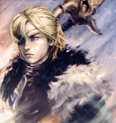  1boy absurdres areadbhar_(fire_emblem) boxsetbully cape closed_mouth dimitri_alexandre_blaiddyd dimitri_alexandre_blaiddyd_(timeskip) english_commentary eyepatch fire_emblem fire_emblem:_three_houses fur-trimmed_cape fur_trim highres holding holding_polearm holding_weapon looking_to_the_side male_focus one_eye_closed over_shoulder polearm upper_body weapon weapon_over_shoulder 