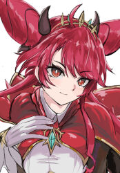  1girl closed_mouth collared_shirt dominus_purge dominusteer_rosepamela double_bun duel_monster hair_bun highres horns light_smile nasubi3632 red_eyes red_hair shirt sidelocks single_horn solo spiked_hair_ornament twintails twitter_username upper_body white_background yu-gi-oh! 