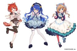  3girls :d ahoge amamiya_kokoro amamiya_kokoro_(1st_costume) animal_ear_fluff animal_ears asymmetrical_legwear bag bell blue_bow blue_dress blue_eyes blue_gloves blue_hair blue_hat blue_shoes blue_socks bow breasts brown_hair brown_shirt brown_shoes brown_skirt brown_thighhighs buttons commentary company_name copyright_notice corset crossed_bangs deer_ears double-breasted dress earrings eli_conifer eli_conifer_(1st_costume) fake_animal_ears fang flower frilled_dress frills full_body gloves green_corset hair_bell hair_ornament hair_ribbon hat headdress jewelry jingle_bell loafers long_hair long_sleeves looking_at_viewer lying mismatched_legwear multiple_girls neck_ribbon nijisanji official_art open_hand open_mouth orange_eyes orange_hair orange_tail po-sanke_(nijisanji) ratna_petit ratna_petit_(7th_costume) red_panda_ears red_panda_girl red_panda_tail red_ribbon red_socks ribbon sample_watermark shirt shoes short_hair shoulder_bag simple_background skin_fang skirt smile socks standing standing_on_one_leg stud_earrings thigh-highs thigh_strap twintails two_side_up virtual_youtuber waka_(wk4444) watermark white_background white_dress white_flower white_thighhighs white_wings wings yellow_bow yellow_eyes 