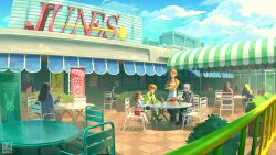  2boys 2girls absurdres alina_l apron black_jacket black_shoes blue_pants blue_skirt boots brown_eyes brown_hair chair closed_eyes closed_mouth clouds commentary crossed_arms cup day disposable_cup doujima_nanako dress drinking_straw english_commentary green_boots green_jacket grey_hair grey_jacket hair_ribbon hanamura_yousuke highres holding holding_cup jacket knee_boots layered_clothes long_sleeves looking_at_another multicolored_dress multiple_boys multiple_girls narukami_yu on_chair open_clothes open_jacket open_mouth outdoors pants people persona persona_4 pinafore_dress pink_dress pink_ribbon pink_shoes plant potted_plant red_dress ribbon round_table satonaka_chie shirt shoes short_hair signature sitting skirt sleeveless sleeveless_dress smile socks standing table twintails twitter_username white_shirt white_socks wide_shot yellow_shirt 
