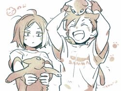  2boys :/ aged_down ahoge animal animal_on_head arms_up cat cat_on_head child closed_eyes closed_mouth commentary_request grey_background haikyuu!! holding holding_animal holding_cat kozume_kenma kuroo_tetsurou male_focus multiple_boys nervous_sweating on_head open_mouth parted_bangs paw_print print_shirt round_teeth shirt short_hair short_sideburns short_sleeves sideburns simple_background smile spiky_hair sweat t-shirt tamoto_(loretta) teeth upper_body upper_teeth_only very_short_hair 