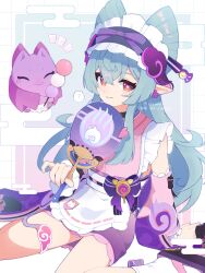  1girl :3 animal_ears artist_name back_bow bare_shoulders black_choker black_hairband black_sandals blue_background blue_hair border bow bow-shaped_hair bow_hairband bright_pupils choker closed_eyes closed_mouth colored_skin creature dango detached_sleeves earrings egasumi eyelashes feet_out_of_frame flower flower_earrings food frilled_hairband frilled_skirt frilled_sleeves frills gem genshin_impact gradient_background hair_between_eyes hairband hand_fan hand_up hid_amar_i highres holding holding_fan holding_skewer japanese_clothes jewelry kimono long_hair long_sleeves looking_at_viewer miniskirt notice_lines outside_border pink_background pink_gem pink_kimono pink_sleeves pointy_ears purple_bow purple_flower purple_skin purple_skirt ribbon_trim sandals sash sidelocks sitting skewer skirt sleeveless sleeveless_kimono smile socks solo thigh_strap two-tone_background very_long_hair violet_eyes wagashi wariza wavy_hair white_border white_bow white_pupils white_sash white_socks wide_sleeves yumekui-baku_(genshin_impact) yumemizuki_mizuki 
