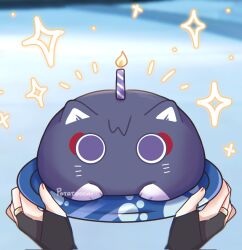  1boy birthday_cake black_bridal_gauntlets blurry blurry_background bridal_gauntlets cake candle candlelight drawn_whiskers eyeliner fingernails food genshin_impact gold_ring highres holding holding_plate indoors looking_at_viewer makeup makoto_774 male_focus middle_ring notice_lines plate pov pov_hands red_eyeliner scaramouche_(cat)_(genshin_impact) scaramouche_(genshin_impact) solo sparkle sparkling_aura violet_eyes wanderer_(genshin_impact) 