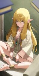  1girl anklet barefoot blonde_hair book brown_eyes closed_mouth commentary_request earclip elf floating floating_object gold_anklet hair_tubes highres indian_style indoors jewelry long_hair long_pointy_ears long_sleeves looking_at_viewer low-tied_sidelocks pointy_ears serie_(sousou_no_frieren) shorts sidelocks sitting slope_(check238) solo sousou_no_frieren white_shorts wide_sleeves 