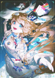  1girl animal_ears artist_name blonde_hair blue_bow blue_eyes blue_gem blue_hat blue_sash blurry blurry_background bow chinese_commentary commentary_request doll_joints dress earth_(planet) eyelashes gem gloves hair_ornament hat hekouziran highres joints long_hair looking_at_viewer mini_hat open_mouth original planet rabbit_ears rabbit_girl rainbow sash short_sleeves solo space teeth tongue watermark white_dress white_gloves 