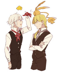  ...? 2boys allen_walker black_pants black_vest blonde_hair braid braided_ponytail brown_pants brown_vest buttons closed_eyes collared_shirt colored_extremities colored_skin commentary_request creature creature_on_head cross crossed_arms d.gray-man dress_shirt facing_another frown golem_(d.gray-man) grey_necktie hair_between_eyes hair_over_shoulder hand_up high_collar horns howard_link iyo_(kurumiwarin) long_hair long_sleeves looking_at_creature low_ponytail male_focus multiple_boys necktie pants parted_bangs parted_lips ponytail profile red_ribbon red_skin ribbon shirt short_hair sidelocks simple_background single_braid smile speech_bubble sweat sweatdrop tail timcanpy upper_body vest violet_eyes white_background white_hair white_shirt wings 