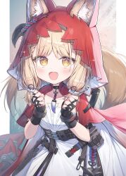  1girl animal_ear_fluff animal_ears arknights arknights:_endfield belt black_gloves blonde_hair cape commentary diamond-shaped_pupils diamond_(shape) dress ears_through_headwear ears_through_hood fingerless_gloves gloves high-waist_belt highres hood hood_up hooded_cape jewelry looking_at_viewer low-tied_sidelocks necklace open_mouth red_cape red_hood rossi_(arknights) sidelocks solo sparkle symbol-shaped_pupils tail tooth_necklace topia white_dress wolf_ears wolf_girl wolf_tail yellow_eyes 
