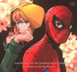 1boy 1girl absurdres back-to-back black_background bodysuit commentary comolaveson english_commentary english_text flower green_eyes highres hood hoodie jacket jean_grey layered_clothes long_sleeves looking_at_another marvel mask multicolored_bodysuit orange_hair peter_parker portrait print_bodysuit spider-man spider-man_(series) spider_web_print superhero_costume two-tone_bodysuit 