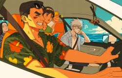  5boys absurdres black_hair black_shorts blonde_hair blue-framed_eyewear blue_shirt blunt_bangs bowl_cut car car_interior character_charm charm_(object) cheekbones closed_eyes collared_shirt driving eyewear_on_head facial_mark floral_print floral_print_shirt green_shirt grey_hair grin hatake_kakashi hawaiian_shirt head_on_hand headband highres holding holding_map hyuuga_neji light_blush long_hair m0_mo_momo male_focus map mask might_guy motor_vehicle mouth_mask multiple_boys musical_note naruto_(series) naruto_shippuuden nike_(company) ocean pakkun_(naruto) parted_lips plaid_clothes plaid_shirt print_shirt rock_lee shirt shirt_under_shirt short_hair shorts sleeping smile spiky_hair sunglasses surgical_mask teeth thick_eyebrows turtle uzumaki_naruto whisker_markings white_headband white_shirt zzz 