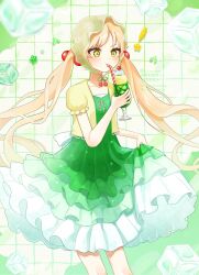  1girl alternate_costume artist_name blonde_hair cherry_hair_ornament cowboy_shot cup dress drinking_straw drinking_straw_in_mouth food-themed_hair_ornament green-framed_eyewear green_eyes green_headdress grid_background hair_ornament highres holding holding_cup holding_own_dress holding_own_skirt layered_dress layered_skirt long_hair mahou_shoujo_no_majo_saiban signature skirt solo tono_hanna twintails twitter_username ui_miyapp watermark 