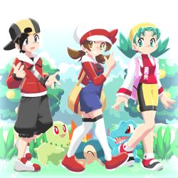  1boy 2girls backpack backwards_hat bag baseball_cap berry_(pokemon) bike_shorts black_hair black_shorts blue_overalls brown_eyes brown_hair chikorita closed_mouth cyndaquil ethan_(pokemon) grass green_eyes green_hair grey_eyes grin hat highres jacket john_su kris_(pokemon) looking_at_another low_twintails lyra_(pokemon) multiple_girls newsboy_cap open_mouth outdoors overall_shorts overalls pokemon pokemon_(creature) pokemon_gold/silver/crystal pokemon_heartgold_and_soulsilver red_jacket red_shirt red_shoes shirt shoes shorts shoulder_bag sitrus_berry smile sneakers standing starter_pokemon_trio talking thigh-highs totodile tree twintails walking white_hat white_thighhighs 