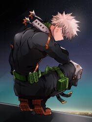  1boy bakugou_katsuki belt black_boots black_pants black_sky blonde_hair blue_sky boku_no_hero_academia boots chiyaya closed_mouth colored_shoe_soles covered_shoulder_blades crack dawn explosive film_grain from_behind from_side full_body gloves gradient_sky green_belt green_gloves grenade hand_on_own_neck hand_up head_down highres horizon knee_boots knee_pads legs_folded looking_at_viewer looking_back male_focus multicolored_gloves orange_eyes orange_gloves pants pants_tucked_in profile purple_sky sanpaku scar scar_on_face shoe_soles short_hair sideways_mouth sky solo spiky_hair squatting star_(sky) starry_sky tsurime two-sided_gloves two-tone_gloves 