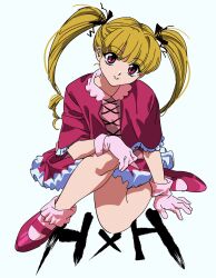  1girl biscuit_krueger blonde_hair capelet dress drill_hair english_text frilled_dress frills gloves hair_ribbon hand_on_ground hand_on_own_knee highres hunter_x_hunter long_hair looking_at_viewer pink_eyes pink_gloves red_dress red_shoes ribbon sgossho shoes socks solo twintails 