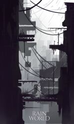 absurdres building copyright_name facing_away from_behind highres holding holding_polearm holding_weapon kuangketi outdoors polearm power_lines rain rain_world ruins scaffolding scenery sky slugcat solo spear standing weapon white_sky wide_shot 
