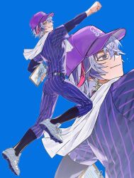  1boy absurdres baseball_bat baseball_uniform blue_background cleats clenched_hand clipboard commentary_request different_zoom_layer earrings from_side full_body fuwa_minato hat highres holding holding_clipboard jewelry kome_non looking_at_viewer male_focus multicolored_hair nijisanji nijisanji_koshien official_alternate_costume official_art outstretched_arm pants purple_hair purple_hat purple_pants purple_shirt purple_streaks red_streaks shirt short_hair simple_background sportswear standing standing_on_one_leg streaked_hair striped_clothes sweat towel towel_on_one_shoulder undershirt virtual_youtuber zoom_layer 
