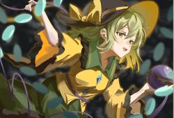  1girl arong black_hat bow buttons chinese_commentary collared_shirt commentary_request diamond_button disembodied_linked_eye eyeball frilled_shirt_collar frilled_sleeves frills green_eyes green_hair green_skirt hat hat_bow komeiji_koishi long_hair long_sleeves official_art open_mouth shirt skirt smile solo touhou touhou_lost_branch_of_legend wide_sleeves yellow_bow yellow_shirt 