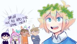  1girl 4boys antenna_hair artist_name aubrey_(faraway)_(omori) aubrey_(omori) basil_(faraway)_(omori) basil_(omori) black_eyes black_hair black_sweater_vest blonde_hair blue_eyes blue_hairband blush brothers brown_hair collared_shirt commentary dark-skinned_male dark_skin double-parted_bangs english_commentary english_text green_sweater_vest hair_between_eyes hairband hero_(faraway)_(omori) hero_(omori) kel_(faraway)_(omori) kel_(omori) long_hair looking_at_another mini_party_hat multiple_boys nervous_smile nervous_sweating omori one_eye_closed open_mouth osulan pink_hair shirt short_hair short_sleeves siblings sidelocks smile speech_bubble sunny_(omori) sweat sweater_vest teeth thought_bubble tongue upper_teeth_only white_shirt 