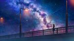  1girl black_hair color_creation commentary_request highres lamppost long_hair milky_way original outdoors pedestrian_bridge railing scenery shooting_star solo standing star_(sky) wide_shot 