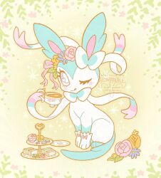  :p alternate_color animal_focus atom_palace blue_flower blue_fur blush bow bright_pupils closed_mouth cup eyelashes flower food full_body gloves highres holding holding_cup looking_at_viewer macaron no_humans one_eye_closed pink_flower pink_ribbon poke_puff pokemon pokemon_(creature) pokemon_focus ribbon shiny_pokemon simple_background sitting solo sylveon teacup tongue tongue_out two-tone_fur white_fur white_gloves white_pupils yellow_background yellow_flower 