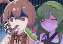  2girls @_@ ankomon blunt_bangs brown_hair brown_shirt closed_eyes closed_mouth commentary_request dango eating false_smile feeding food gloom_(expression) green_hair highres japanese_clothes kimono long_hair multiple_girls red_bean_paste red_eyes scared shaded_face shirt smile togeguri touhoku_zunko upper_body voiceroid voicevox wagashi white_kimono zunda_mochi 