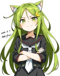  1girl absurdres animal_ear_fluff animal_ears bigkwl black_sailor_collar black_serafuku black_shirt blush cat_ears cat_girl closed_mouth collarbone commentary_request crescent crescent_hair_ornament crossed_arms dated dated_commentary double-parted_bangs green_eyes green_hair hair_ornament highres kantai_collection long_hair looking_at_viewer nagatsuki_(kancolle) necktie sailor_collar school_uniform serafuku shirt simple_background smile solo three-quarter_sleeves twitter_username upper_body v-shaped_eyebrows white_background white_necktie 