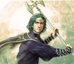  1boy beard blue_cape boxsetbully cape closed_mouth english_commentary facial_hair fire_emblem fire_emblem:_three_houses highres holding holding_polearm holding_weapon looking_at_viewer male_focus polearm seteth_(fire_emblem) spear spear_of_assal_(fire_emblem) upper_body weapon 
