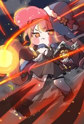  1girl :d ashur_(trickcal) bag black_dress blue_hat blush_stickers book casting_spell chibi chibi_only commentary_request cross-shaped_pupils dress energy energy_ball frown full_body hat highres holding holding_book holding_staff jinokuma7585 korean_commentary light_particles long_hair looking_at_viewer mage_staff magic open_book pink_hair powering_up red_eyes red_hair short_sleeves single_thighhigh smile solo spell staff symbol-shaped_pupils thigh-highs trickcal witch witch_hat 